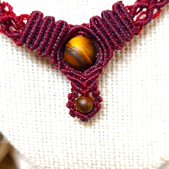 Handmade Macrame Jewelry Set, Maroon with Tiger's Eye Stone - Picture 7 of 12